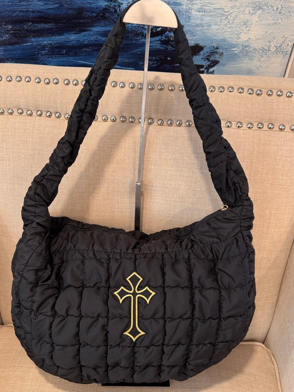“Ode to Chrome” — Gothic Cross Black Puffer Tote/Shoulder Bag Gold Accent